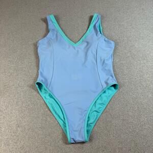 93 Play Street Swimsuit XL Blue One Piece V Neck Aqua Trim Stretch High Leg Beac
